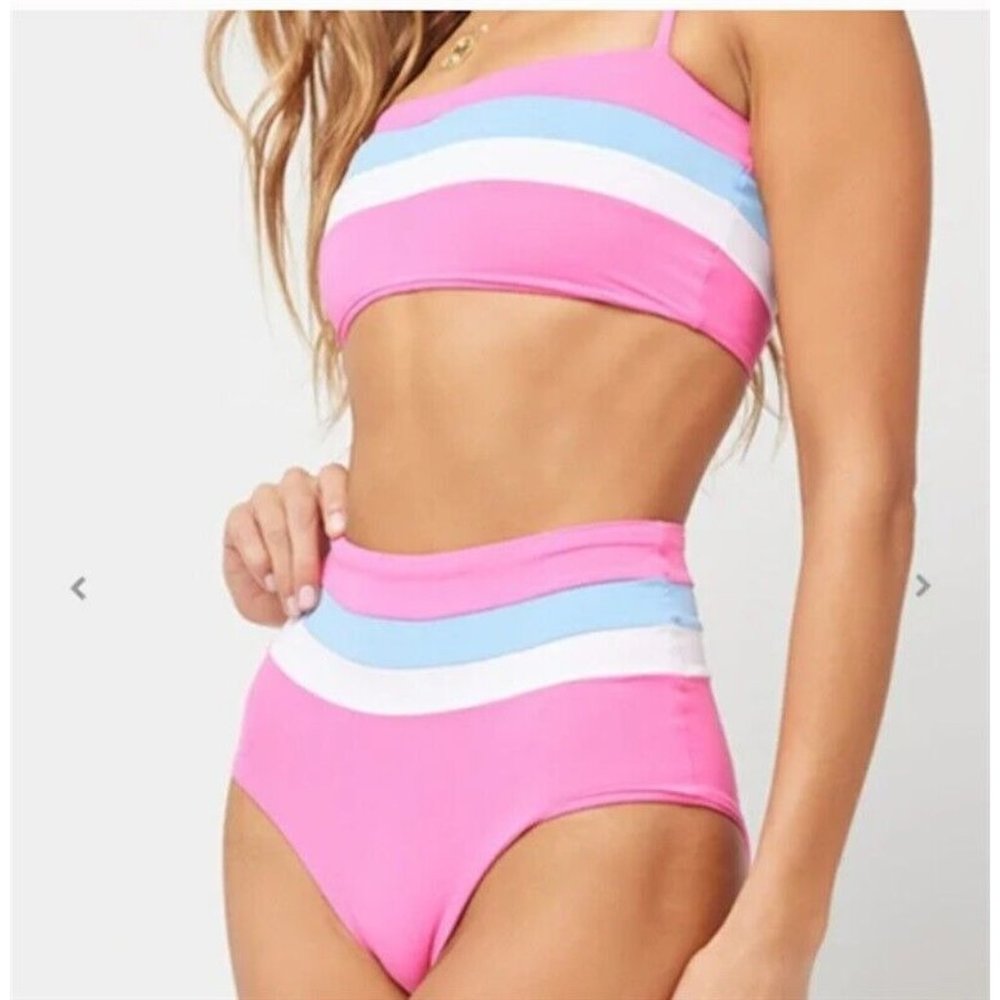 L*Space S Rebel Stripe Color Block Bikini Swim Bottom Pink BLue 119727